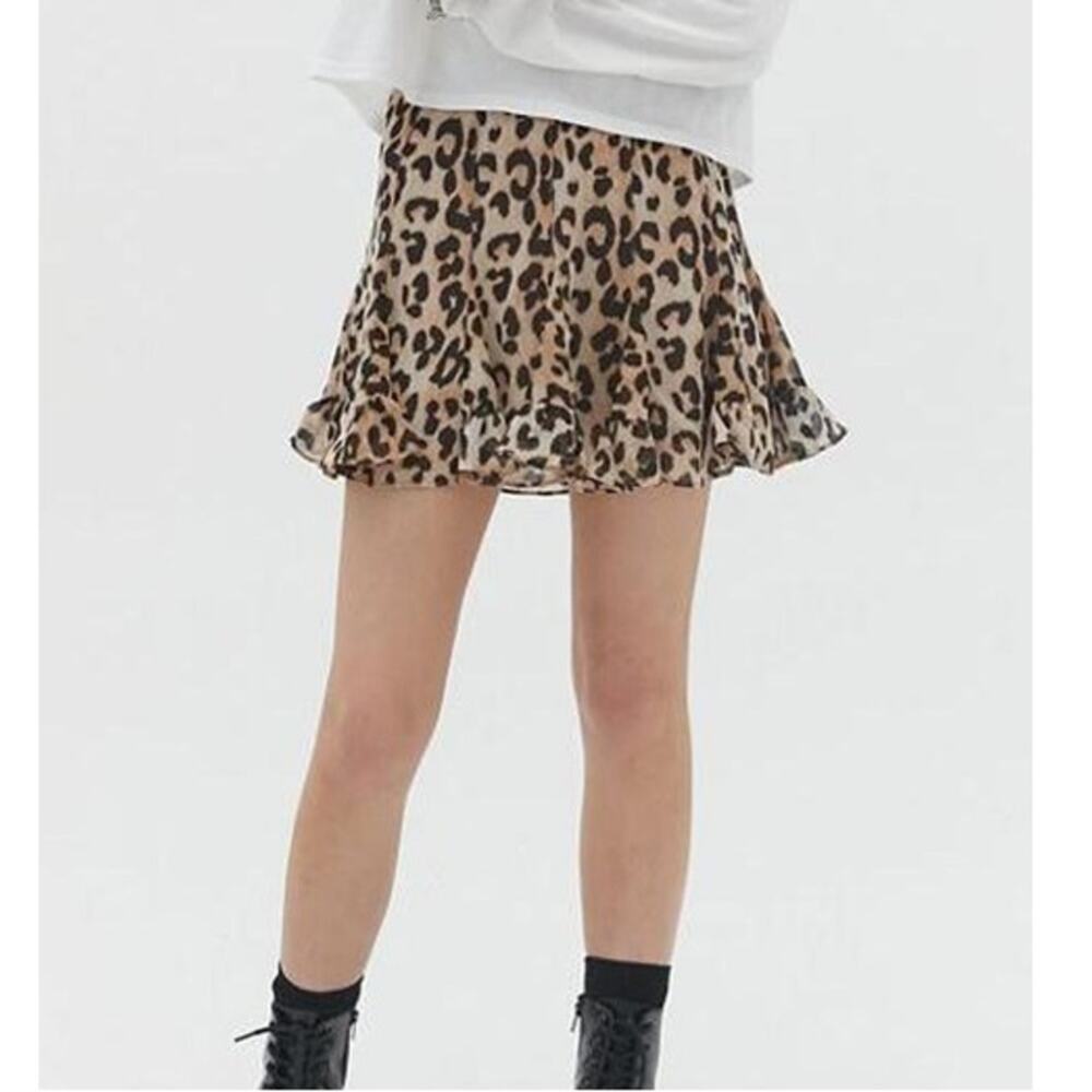 Dress Form Leopard Print Chiffon Mini Skirt Ruffle Hem Brown Womens Size Small
